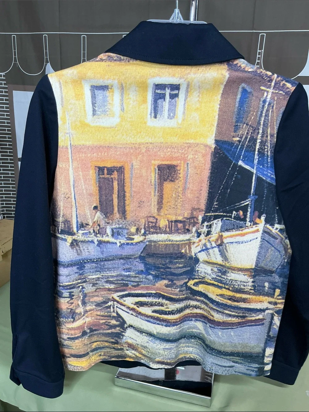 St John Sport Scenic Harbor Print Zip-Front Navy Jacket Sz small #2343